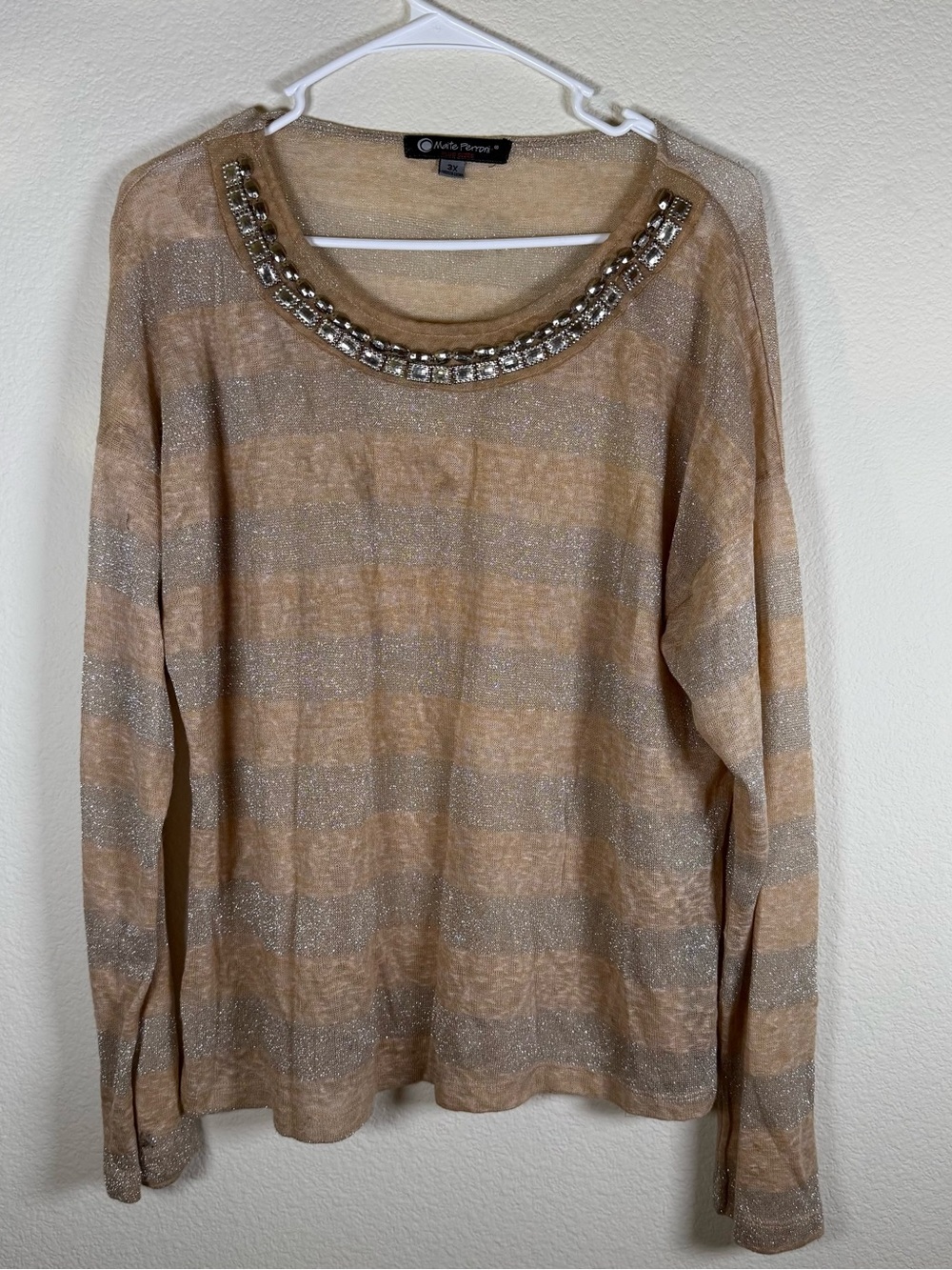 Marte Perroni Plus Size 3X Beige Metallic Stripe Rhinestone Embellished Top vtg